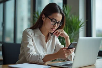 Femme en bureau moderne v&eacute;rifiant son smartphone