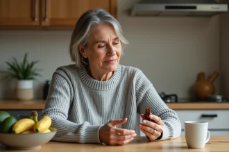 Femme d'âge mûr lisant l'étiquette d'un complément alimentaire de potassium dans sa cuisine avec des aliments riches en potassium en arrière-plan