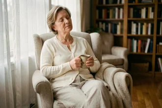 Femme en convalescence après radiothérapie ORL se reposant dans un fauteuil avec une tasse de tisane, illustrant la récupération et la fatigue post-traitement