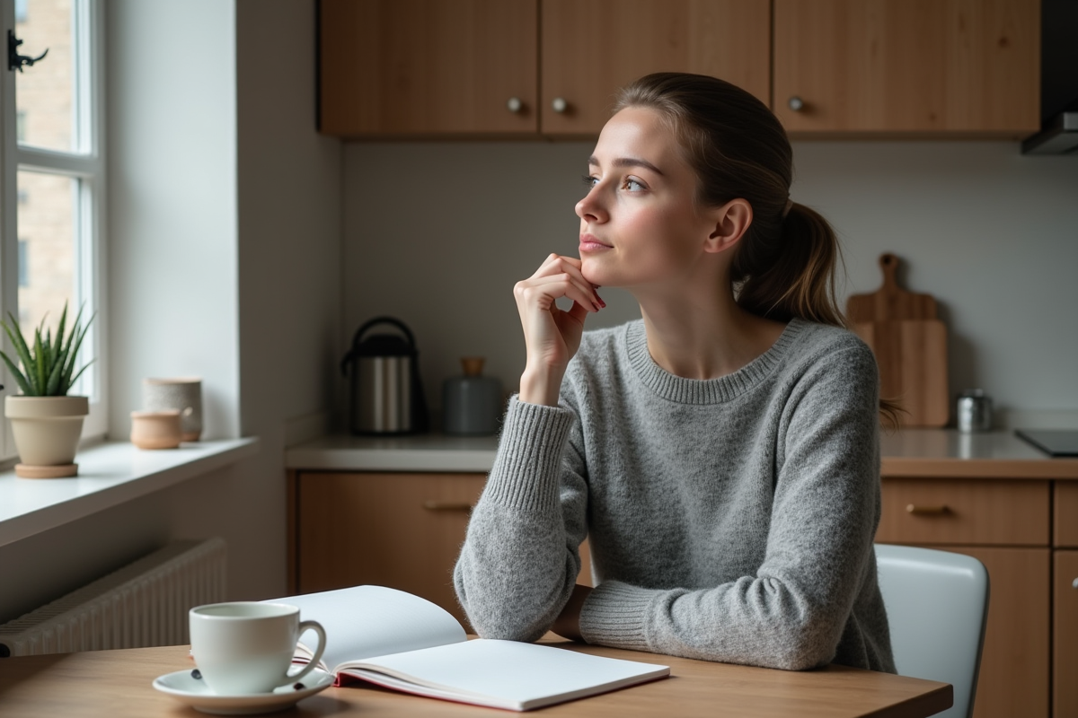 Femme en pull gris dans une cuisine moderne