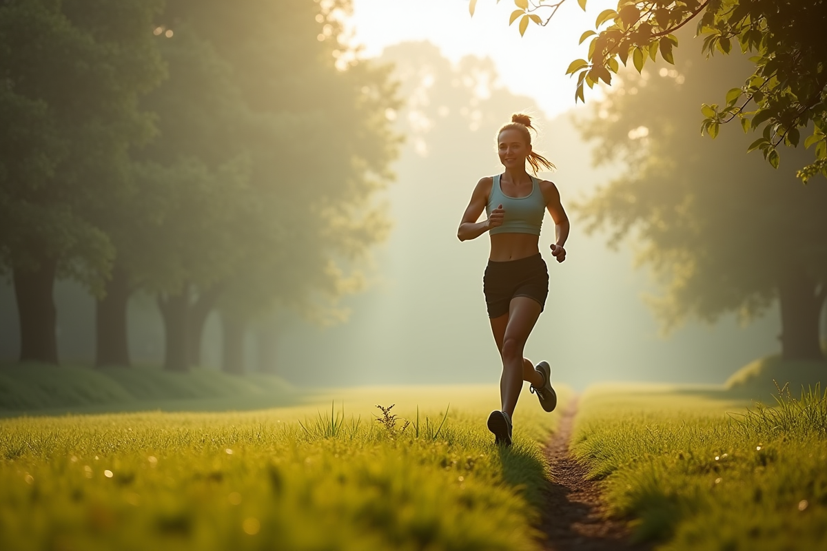 Femme sportive courant dans un parc vert au matin avec brouillard léger