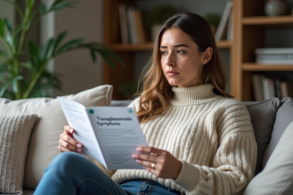 Femme dans son salon lisant un dépliant sur la toxoplasmose