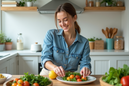 Jeune femme préparant des légumes frais dans une cuisine moderne