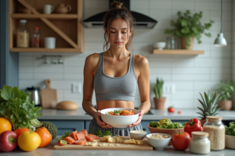 Femme préparant un bol de repas sain dans la cuisine