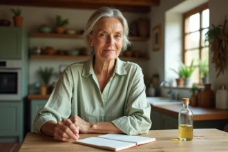 Femme tenant une bouteille de sève de bouleau dans une cuisine rustique en bois, consultant un carnet de bien-être sur une cure annuelle