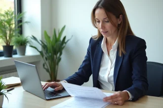 Femme consultant des documents de remboursement Camueg sur un bureau administratif moderne