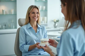 Femme souriante dans une clinique dentaire moderne avec modèle de couronnes