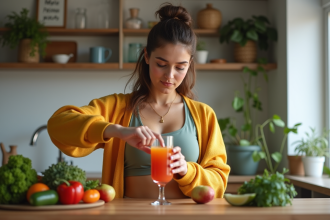 Femme versant boisson detox dans une cuisine moderne