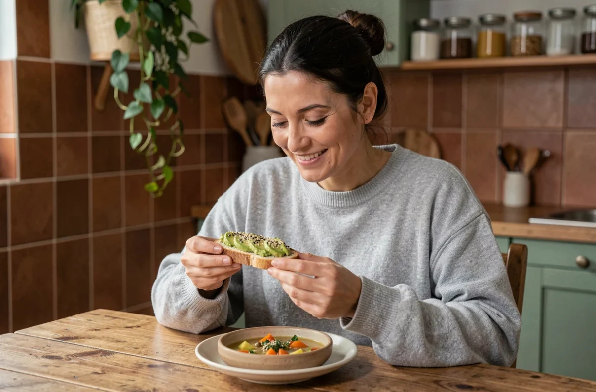 Femme mangeant des biscottes à l'avocat accompagnées d'une soupe légère dans une cuisine rustique le soir