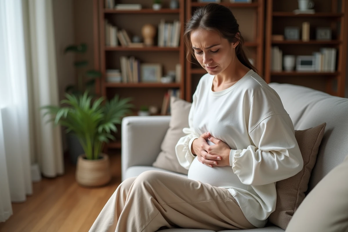 Femme tenant son ventre avec les mains en position assise exprimant une douleur abdominale liée à une constipation sévère