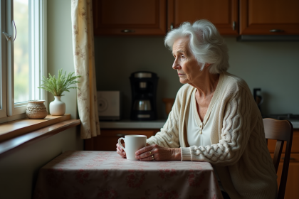 Femme âgée assise à la cuisine en réflexion