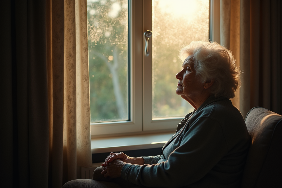 Femme âgée assise près d'une fenêtre en lumière douce