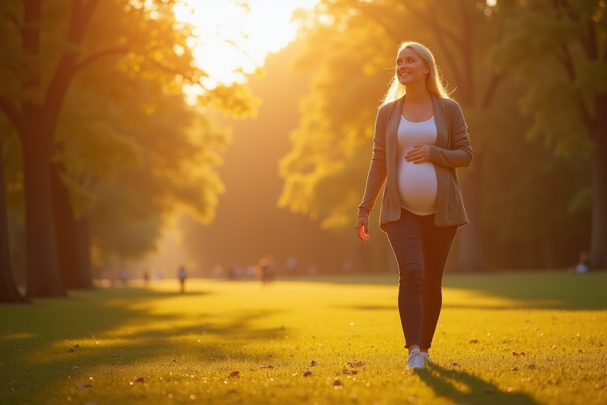 Femme enceinte marchant dans un parc en matinée