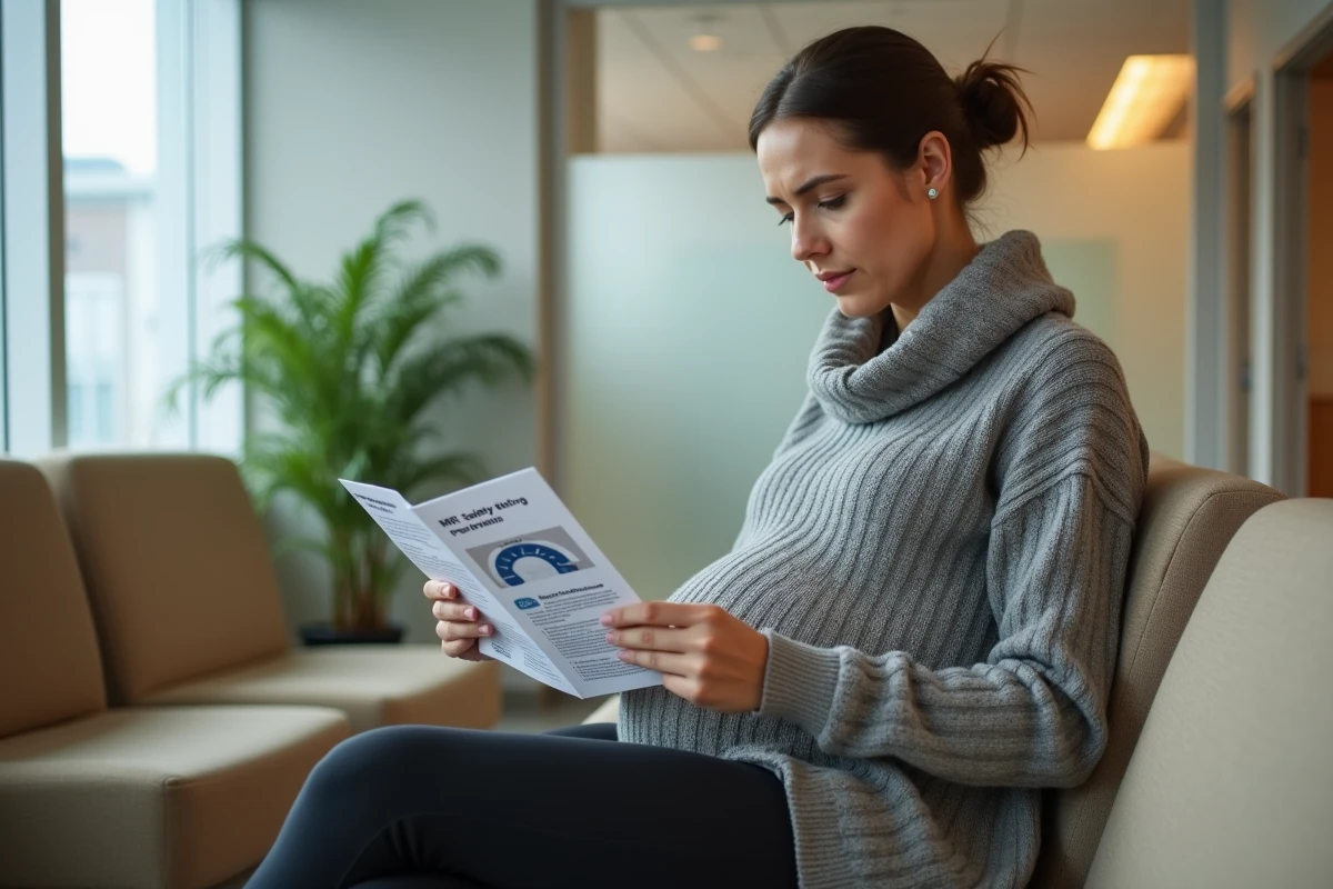 Femme enceinte lisant une brochure sur les effets secondaires et contre-indications de l'IRM dans une salle d'attente hospitalière