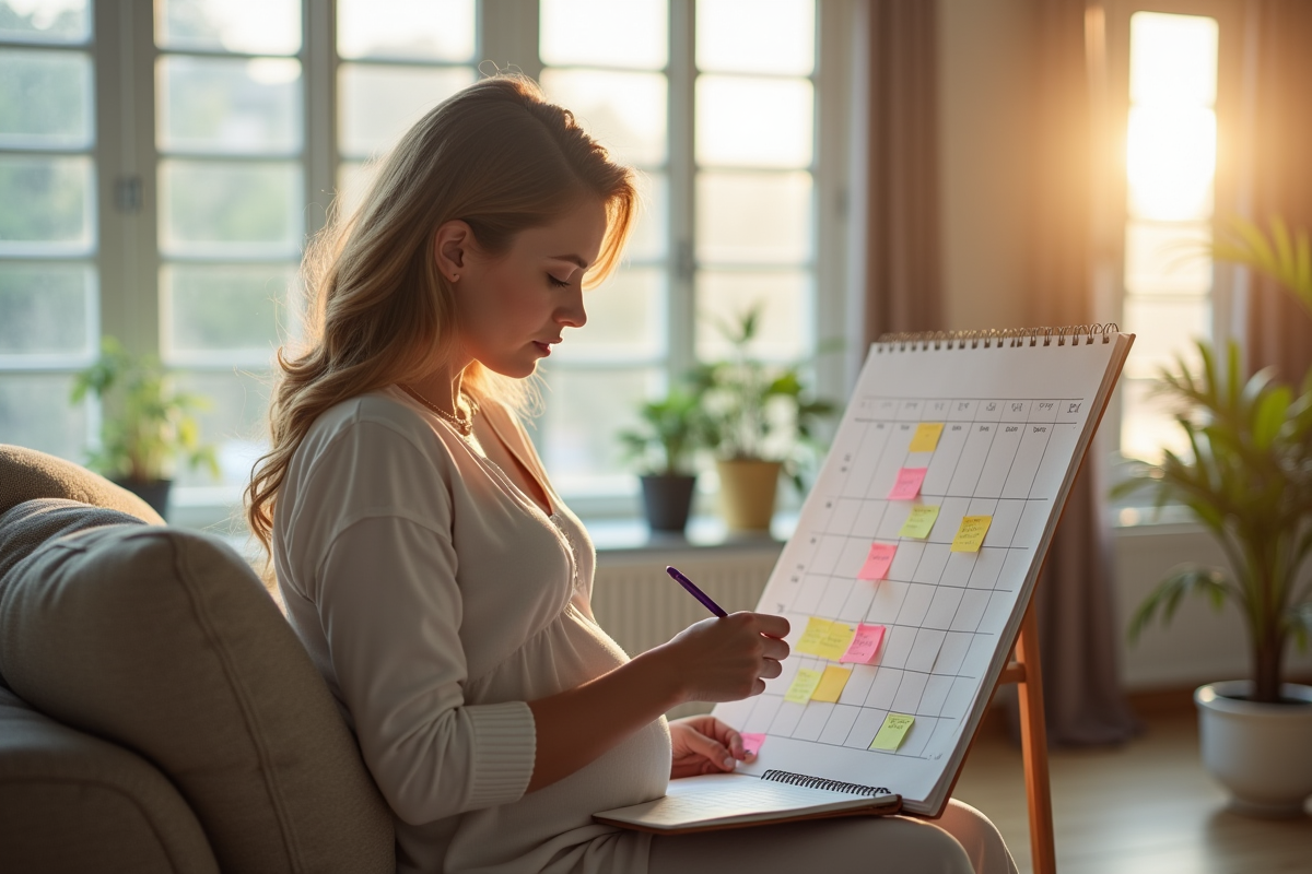 Femme enceinte dans un salon lumineux consulte un calendrier