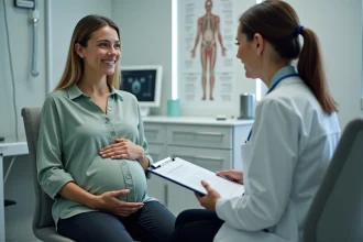 Femme enceinte en consultation avec une radiologue discutant des contre-indications de l'IRM pendant la grossesse