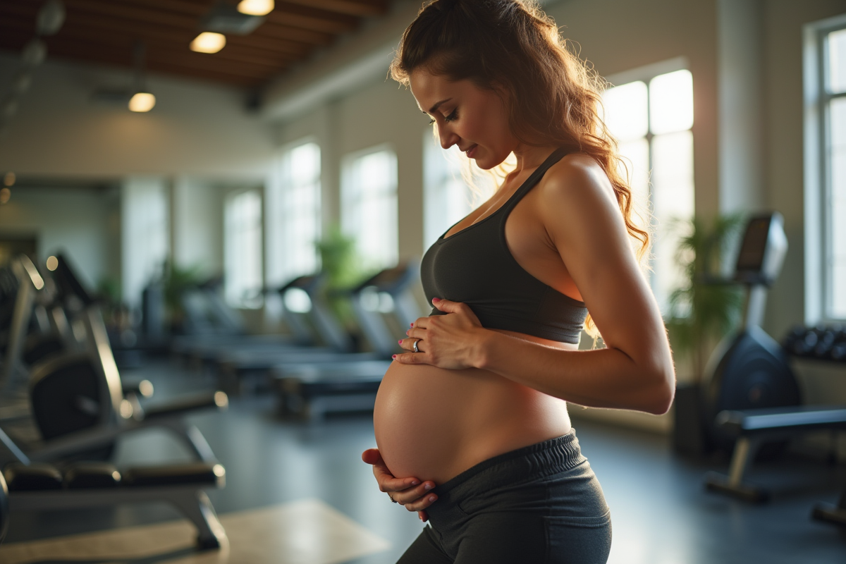 Femme enceinte au gym regardant des instructions d