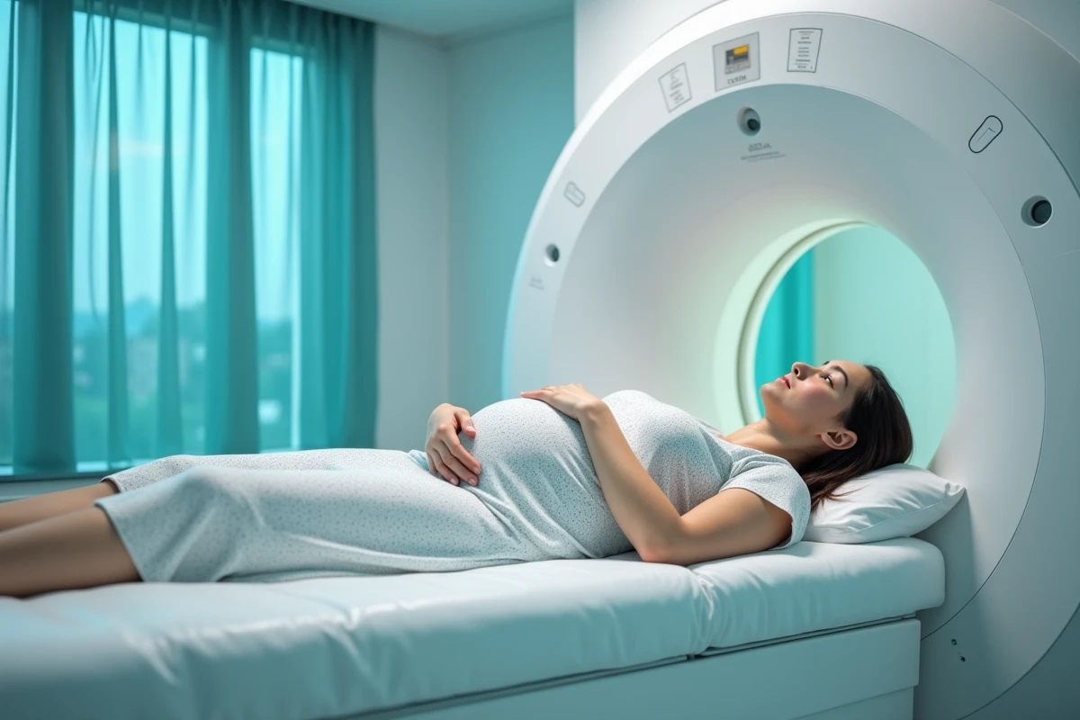 Femme enceinte allongée devant un appareil IRM dans une salle de radiologie moderne