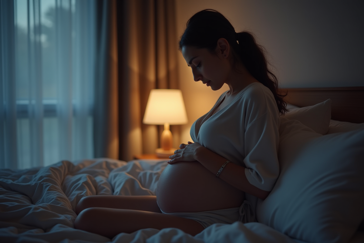 Femme enceinte assise sur le lit dans une chambre douce