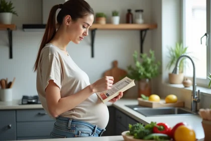 Femme enceinte lisant une étiquette alimentaire dans la cuisine