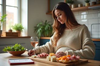 Femme enceinte réfléchissant à son alimentation saine