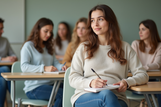 Jeune femme enceinte dans une salle de classe moderne