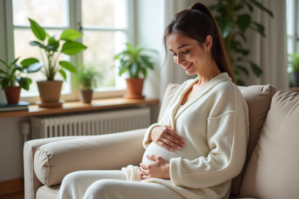 Jeune femme enceinte souriante dans un salon lumineux