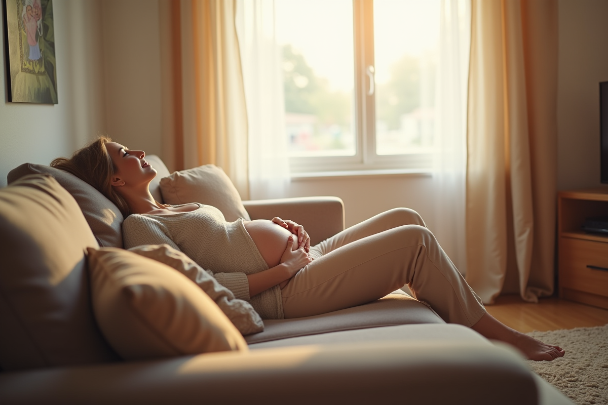 Femme enceinte relaxant dans un salon lumineux