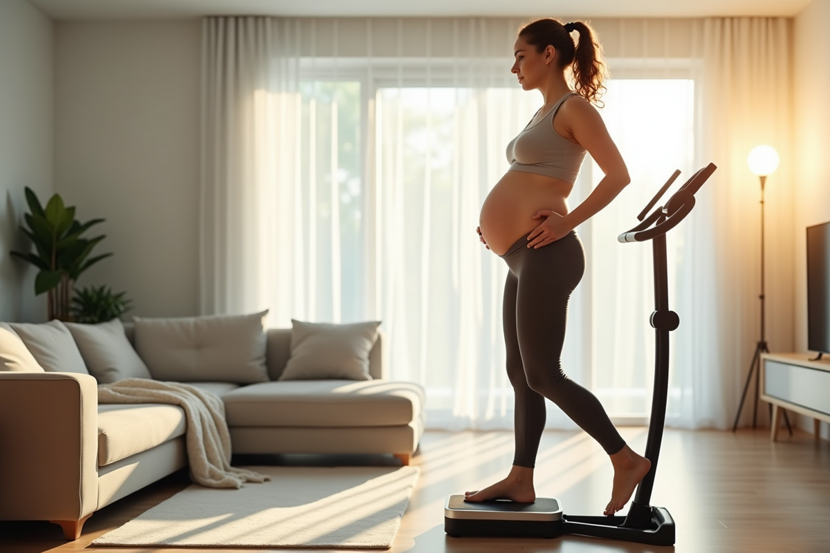 Femme enceinte faisant du sport dans un salon lumineux