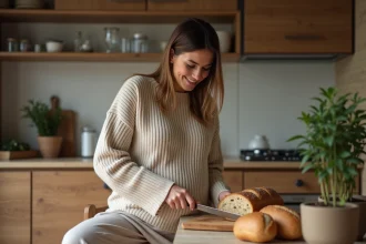 Femme enceinte souriante tranche du pain artisanal dans la cuisine
