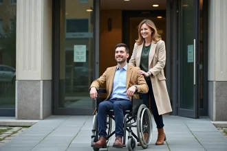 Femme en trench beige arrivant à la CPAM Nanterre avec fauteuil