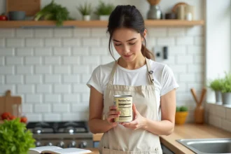Femme lisant une étiquette nutritionnelle dans une cuisine moderne pour débuter en nutrition et minceur