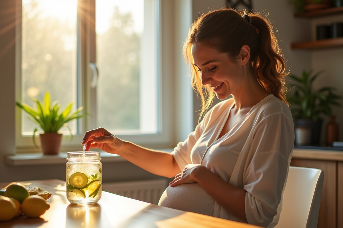 Femme enceinte buvant de l'eau infusée au citron et concombre