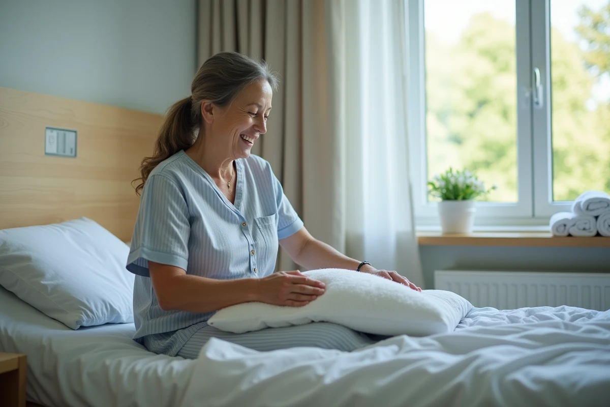 Femme d'âge moyen en pyjama ajustant un coussin dans un lit d'hôpital