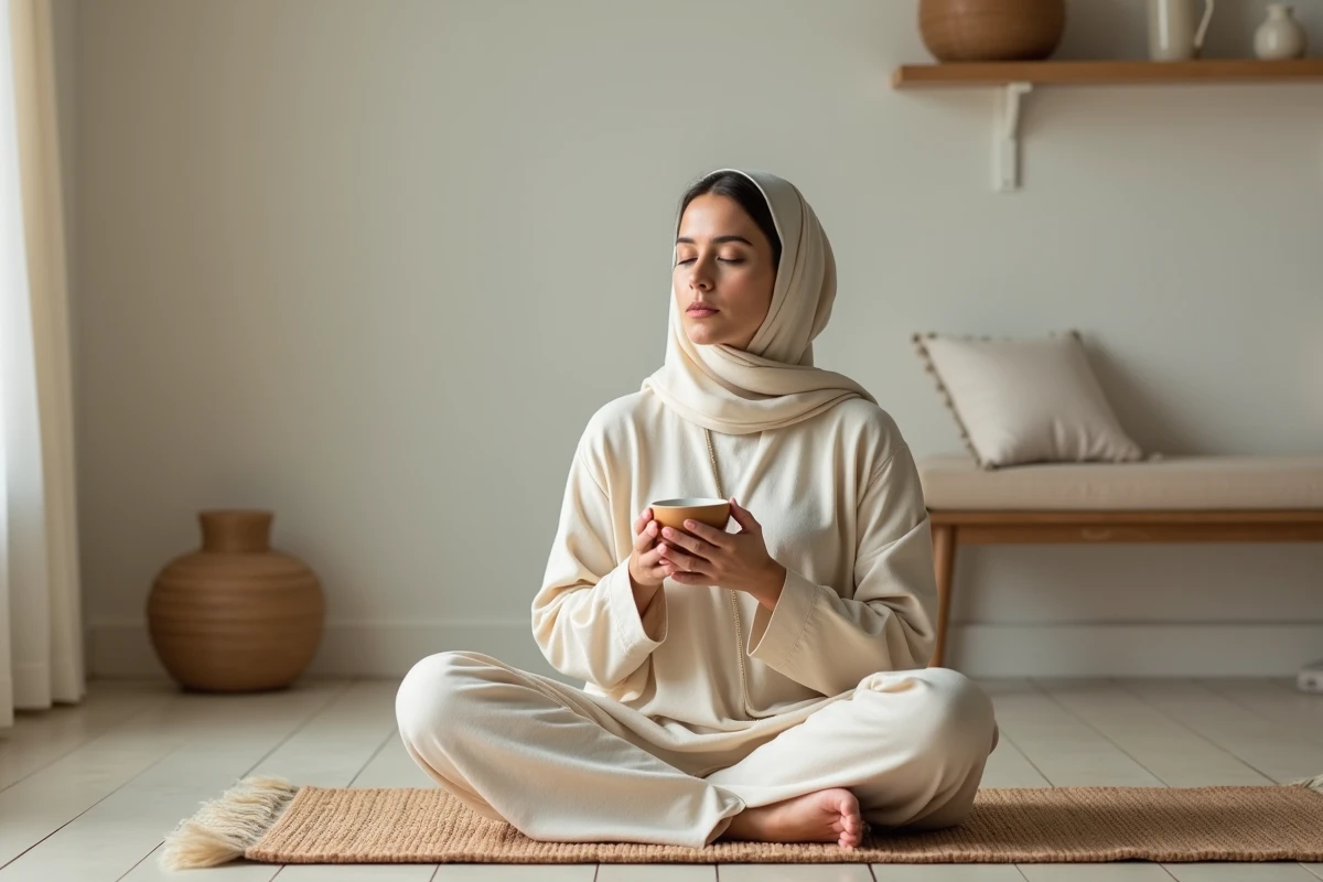 Femme sereine buvant une infusion de plantes médicinales assise sur un tapis de prière tissé