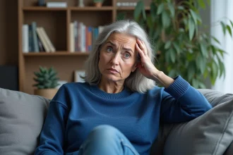 Femme inqui&egrave;te assise sur un canap&eacute; dans un salon moderne