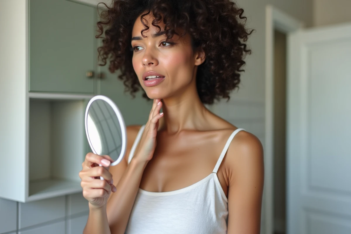 Femme inspectant un gonflement du ganglion côté gauche du cou devant un miroir de salle de bain