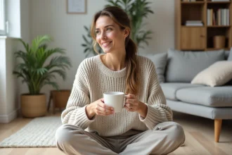 Femme détendue écrivant dans un journal dans un salon scandinave