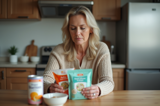 Femme moyenne &acirc;ge lisant &eacute;tiquettes nutritionnelles