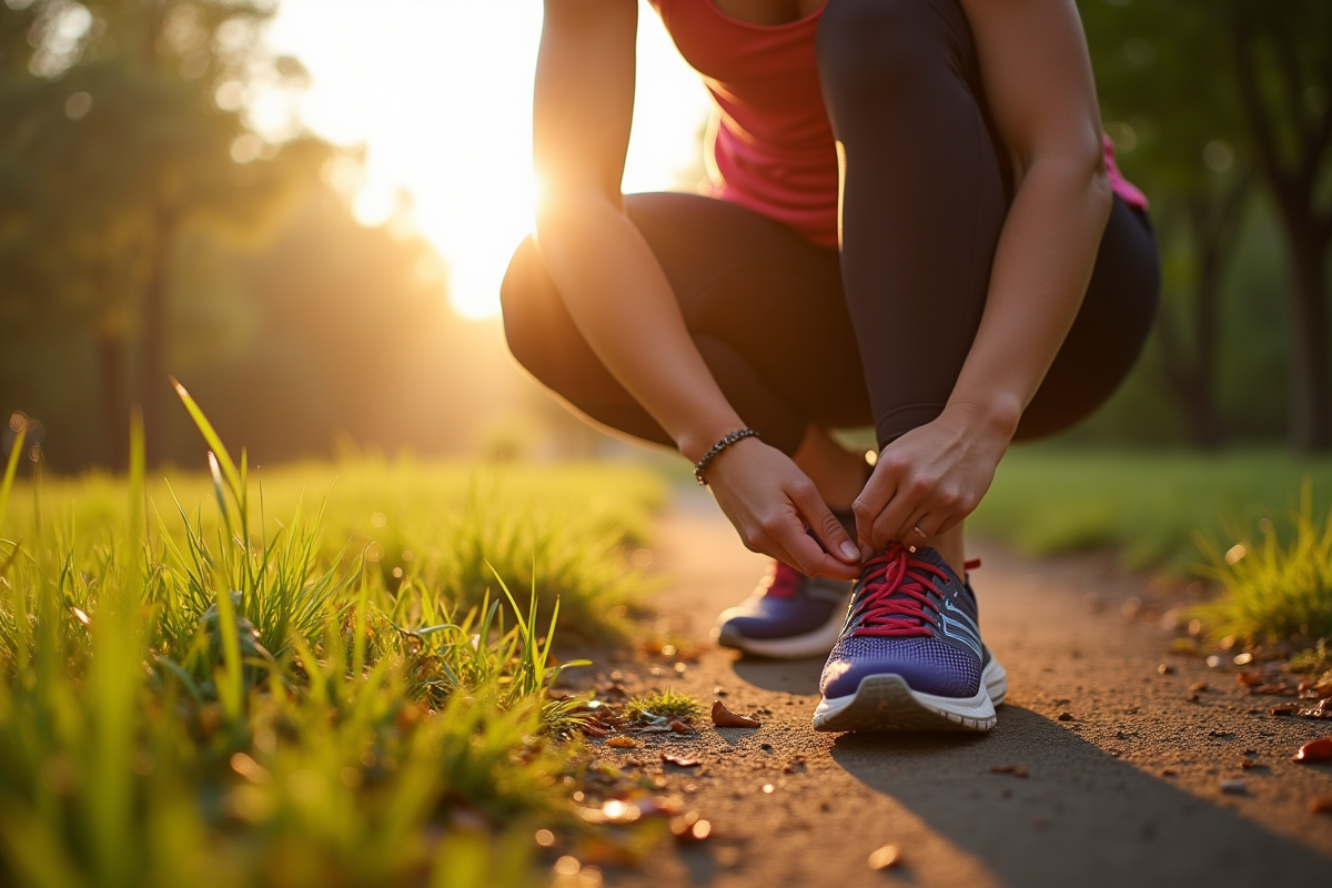 Femme attachant ses chaussures de course dans un parc