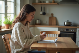 Femme lisant une &eacute;tiquette de m&eacute;dicament dans une cuisine lumineuse
