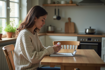 Femme lisant une étiquette de médicament dans une cuisine lumineuse
