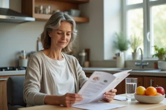 Femme lisant un mode d'emploi dans une cuisine lumineuse
