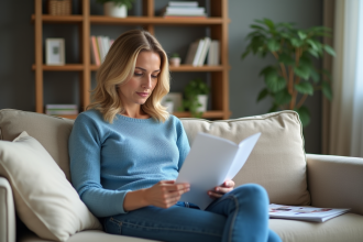 Femme lisant un dépliant médical dans un salon cosy