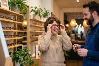 Femme souriante essayant des lunettes modernes chez un opticien