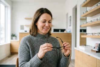 Femme tenant des lunettes de vue chez un opticien après un examen de vue réussi