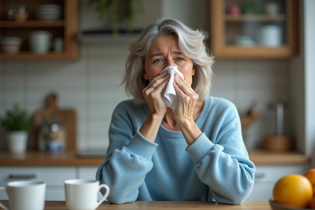 Femme malade en pull bleu dans la cuisine