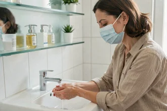 Femme portant un masque chirurgical se lavant les mains au lavabo dans une salle de bain moderne, geste barrière Covid 2026