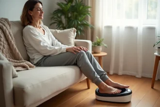 Femme utilisant un appareil masseur de pieds chauffant posé sur un parquet en bois dans un salon cosy