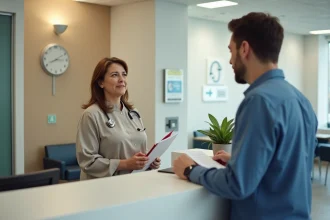 Femme d'âge moyen en tenue casual parlant avec un réceptionniste